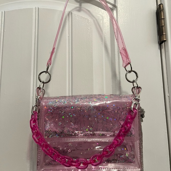 Electric Bubblegum Pink Liquid Glitter Star Clear Bag with Chain Strap - Picture 3 of 5